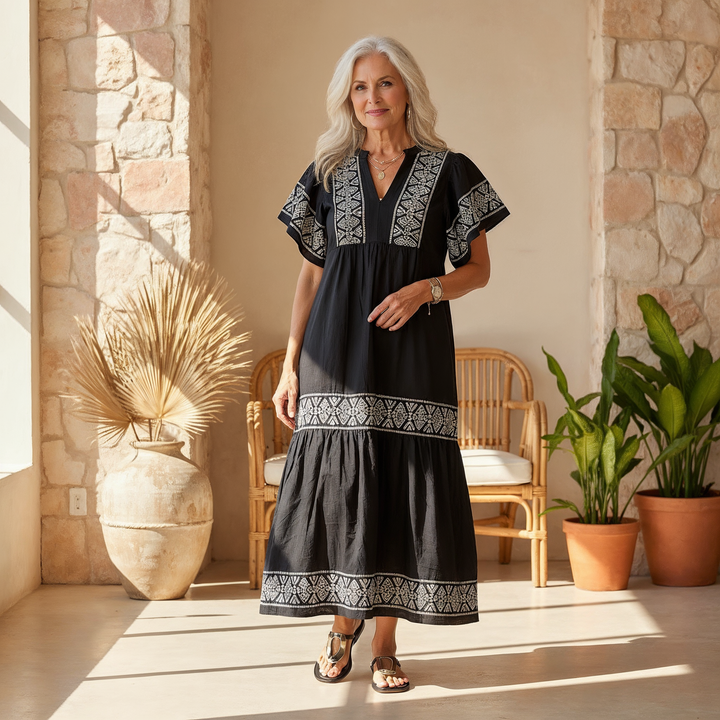 Kalinda | Tribal Embroidered Tiered Maxi Boho Dress