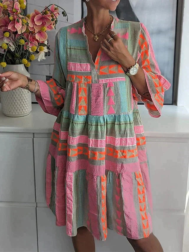 Zafira | Aztec Print Tiered Flare Sleeve Boho Dress