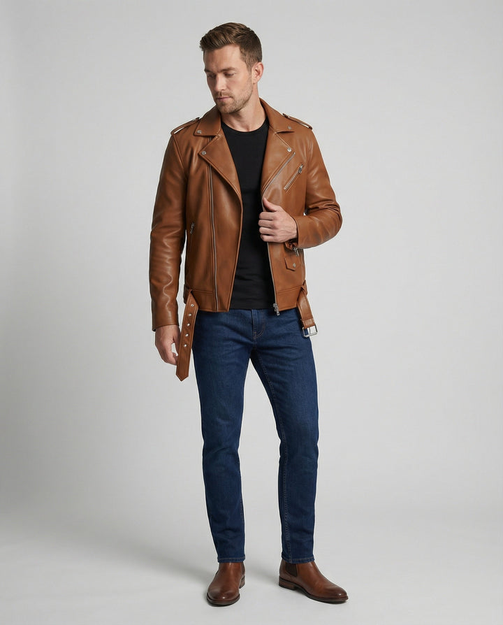 Bronco | Classic Belted Moto Leather Jacket with Epaulette Detail