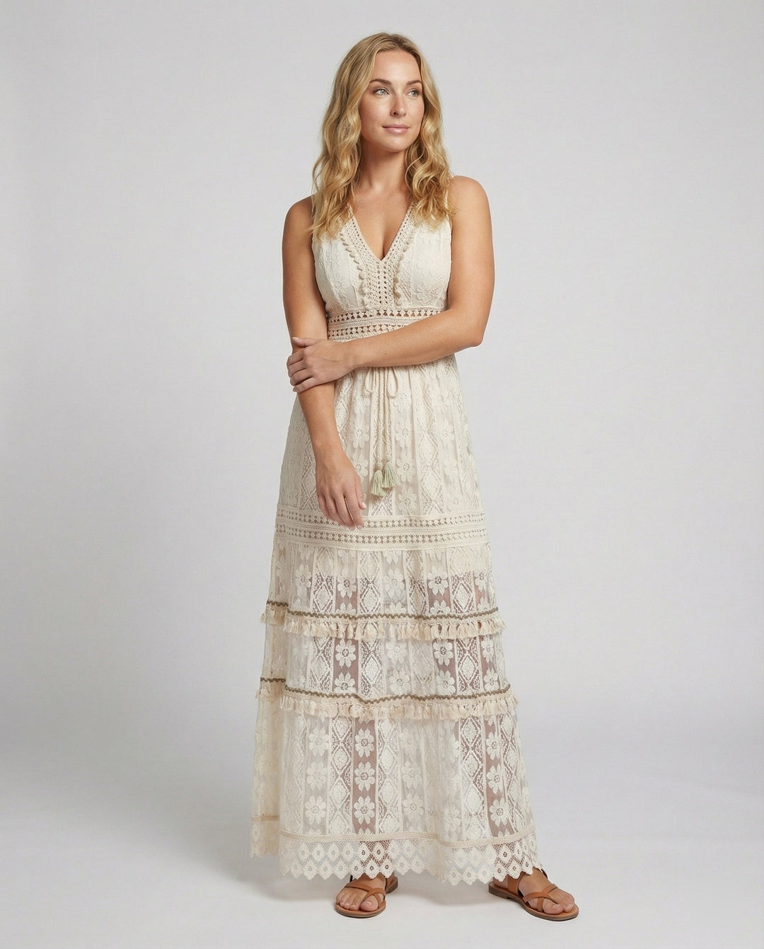 Tallulah | Tiered Lace Tassel Tie Boho Dress in Maxi