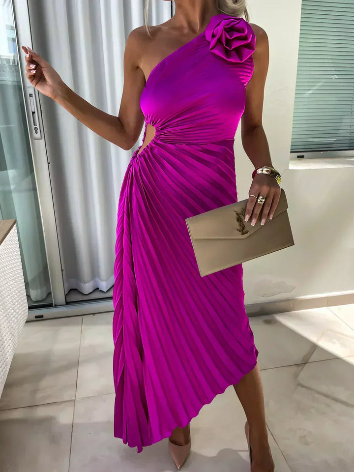 Rosette | One-Shoulder Womens Pleated Midi Dress with Floral Detail