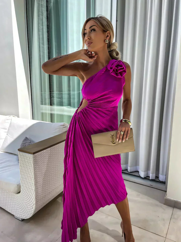 Rosette | One-Shoulder Womens Pleated Midi Dress with Floral Detail