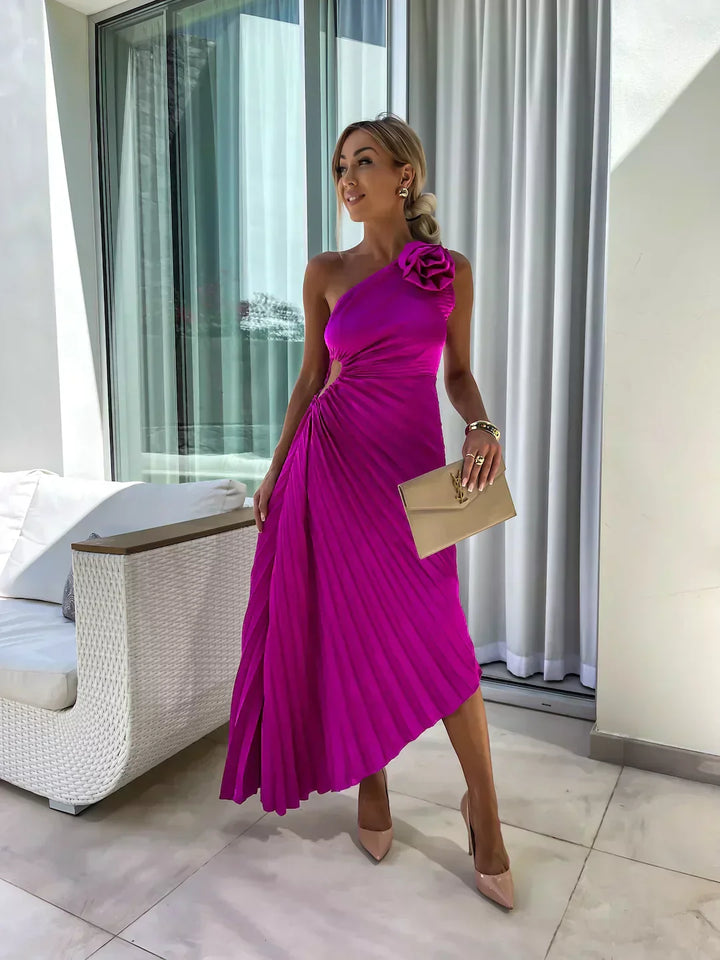 Rosette | One-Shoulder Womens Pleated Midi Dress with Floral Detail