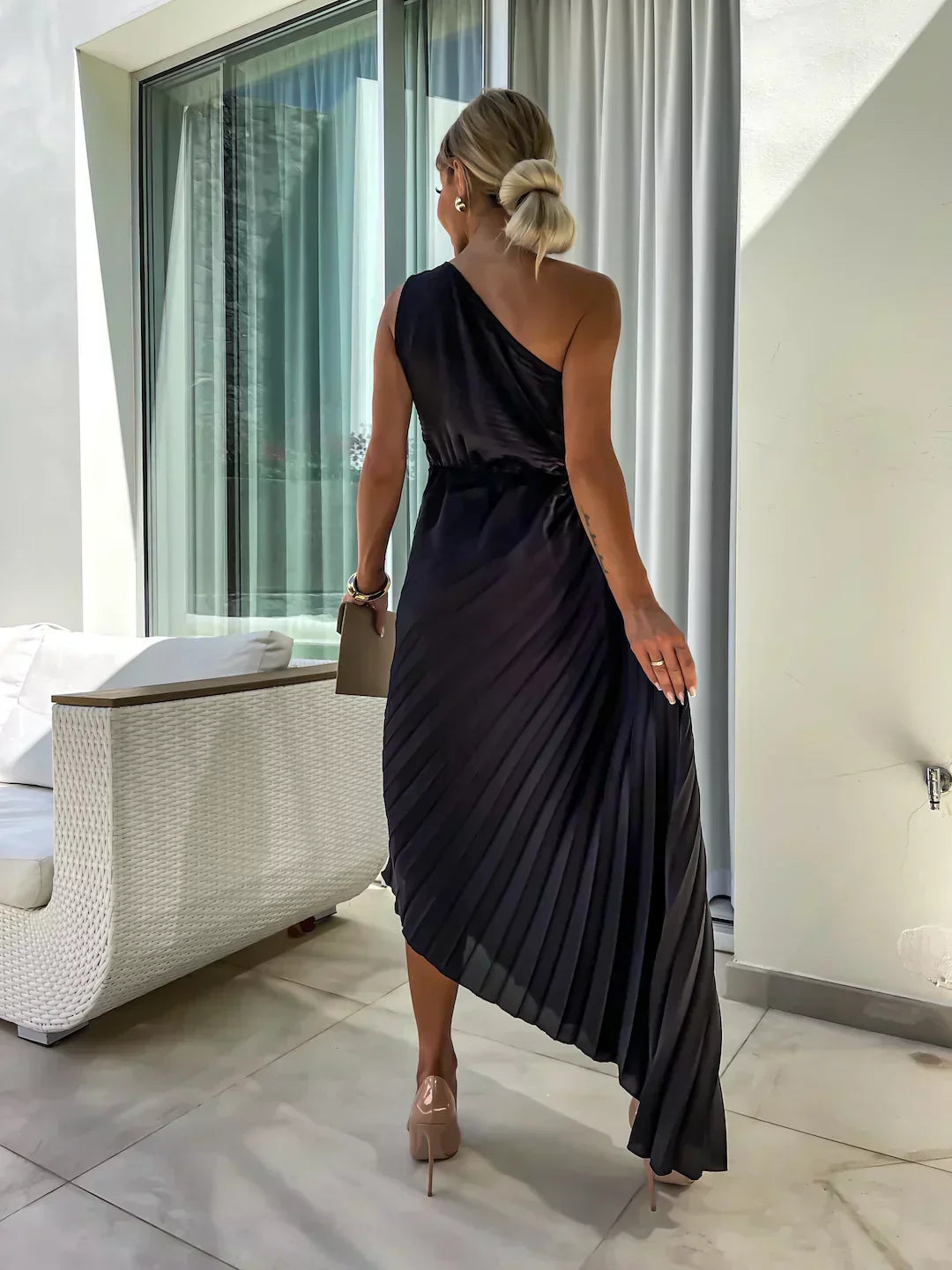 Rosette | One-Shoulder Womens Pleated Midi Dress with Floral Detail