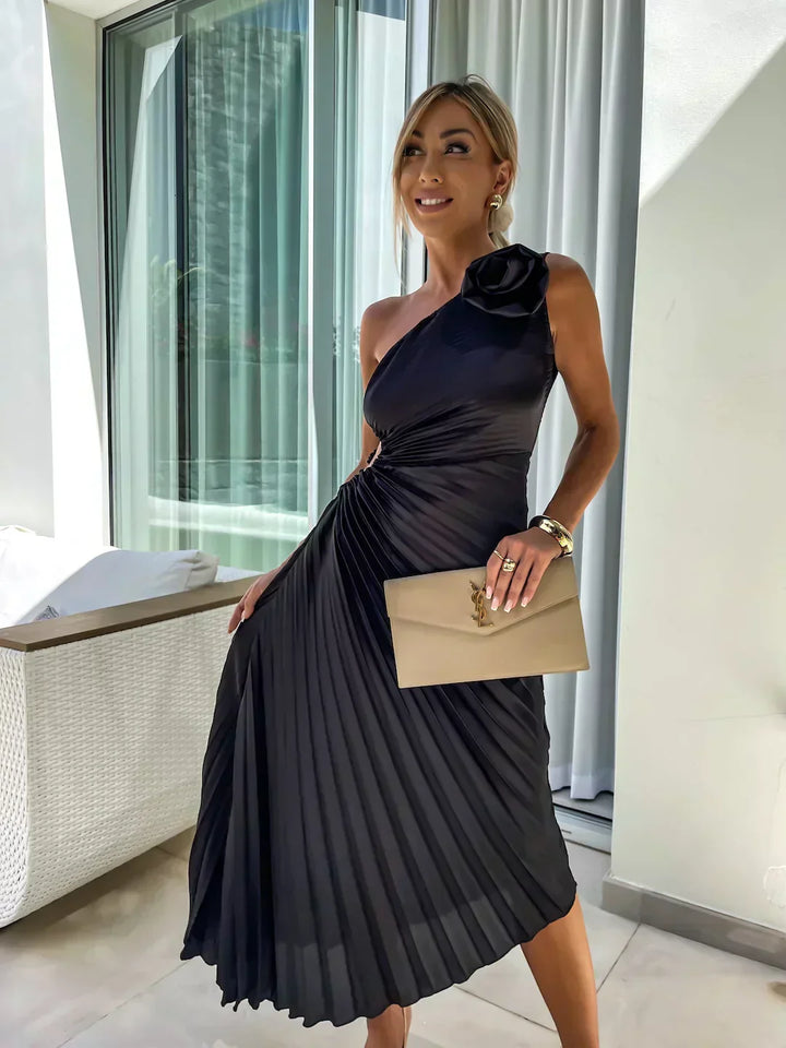 Rosette | One-Shoulder Womens Pleated Midi Dress with Floral Detail