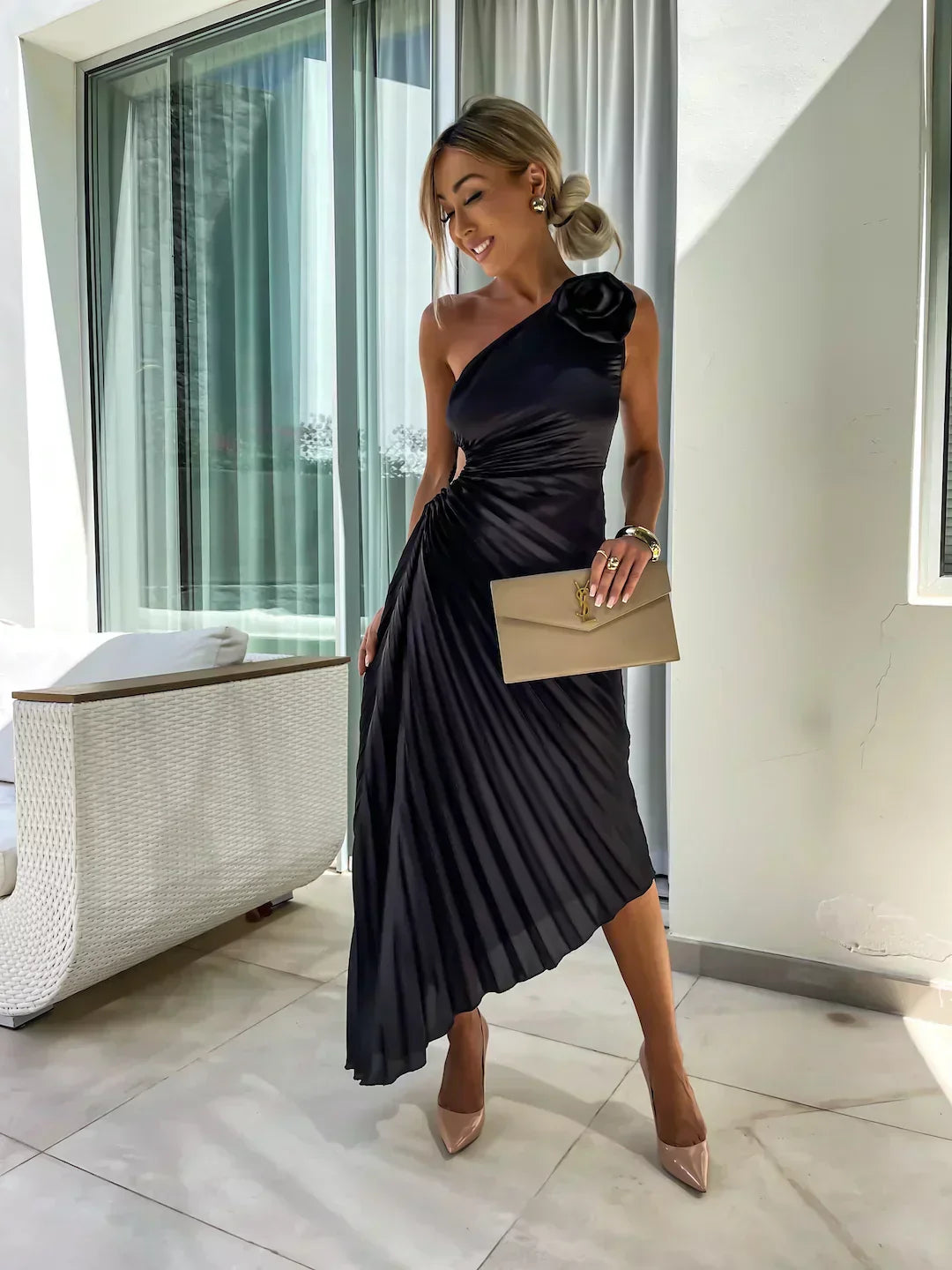 Rosette | One-Shoulder Womens Pleated Midi Dress with Floral Detail