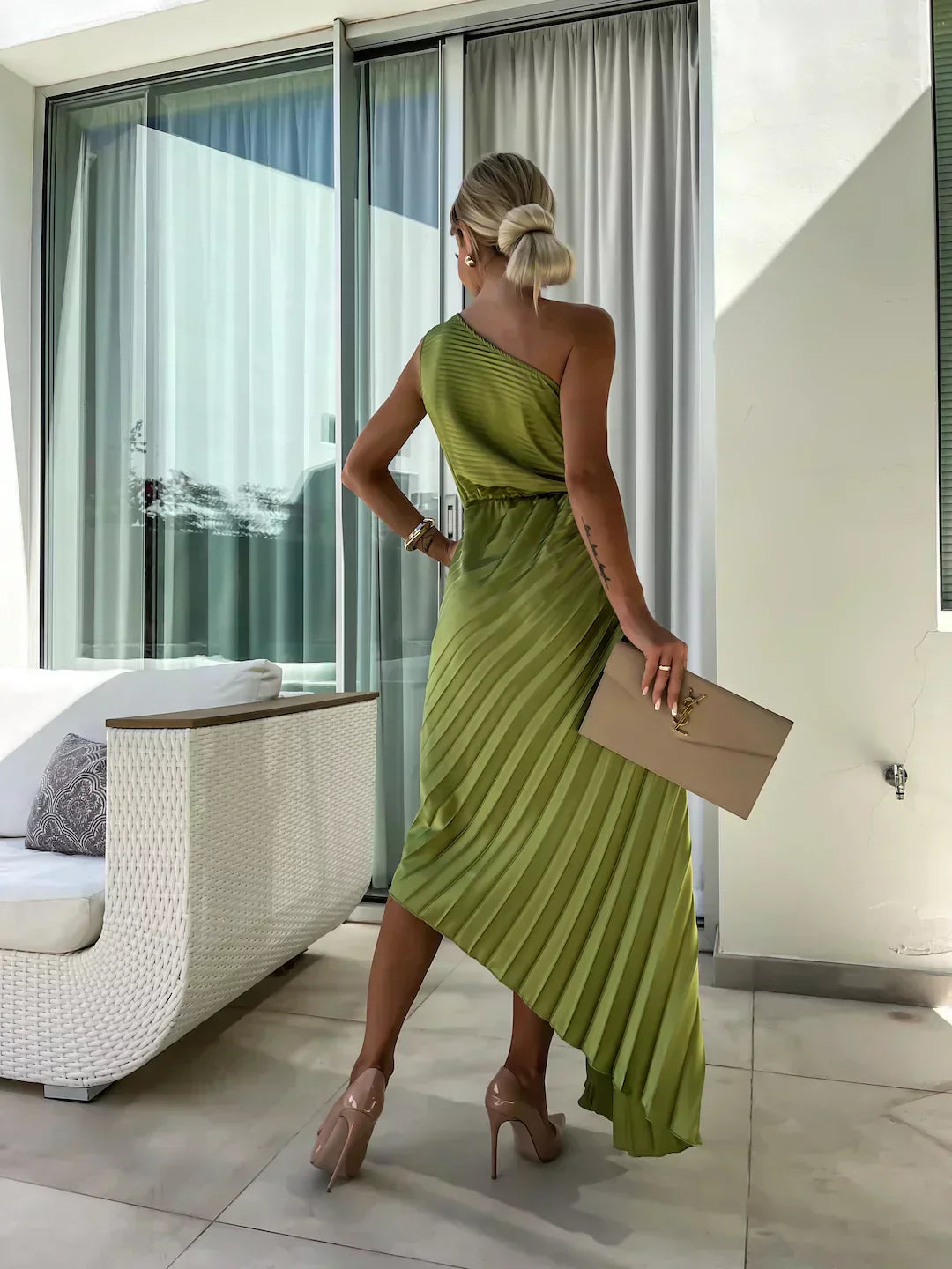 Rosette | One-Shoulder Womens Pleated Midi Dress with Floral Detail