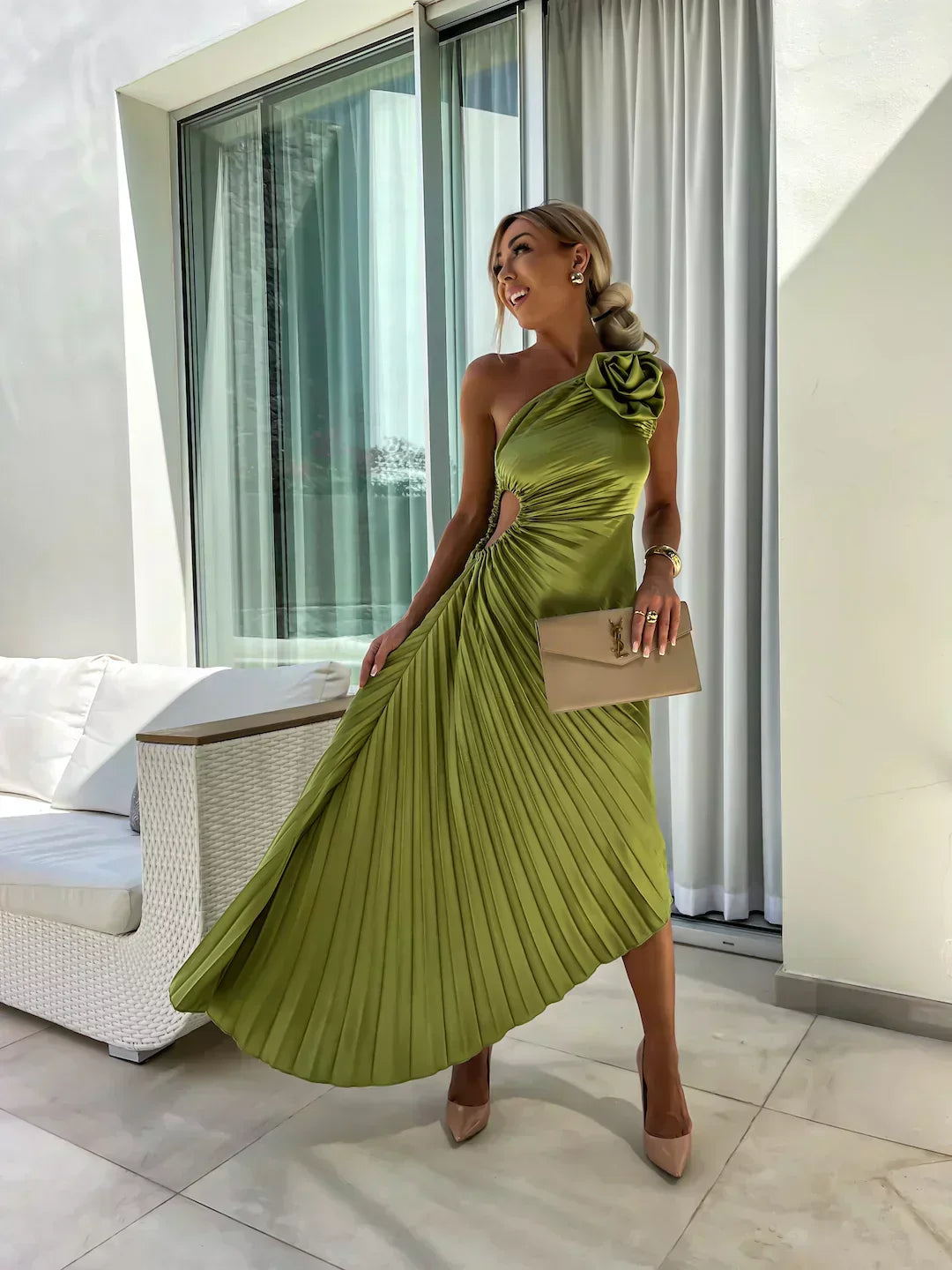 Rosette | One-Shoulder Womens Pleated Midi Dress with Floral Detail