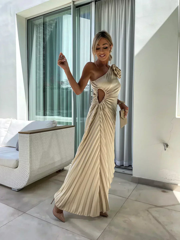 Rosette | One-Shoulder Womens Pleated Midi Dress with Floral Detail