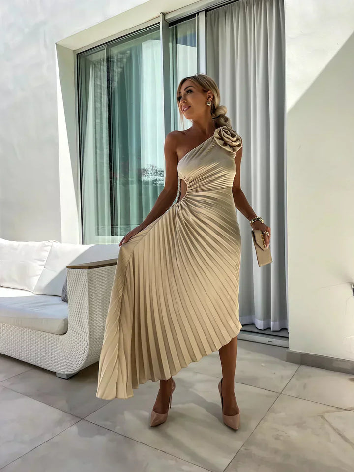 Rosette | One-Shoulder Womens Pleated Midi Dress with Floral Detail