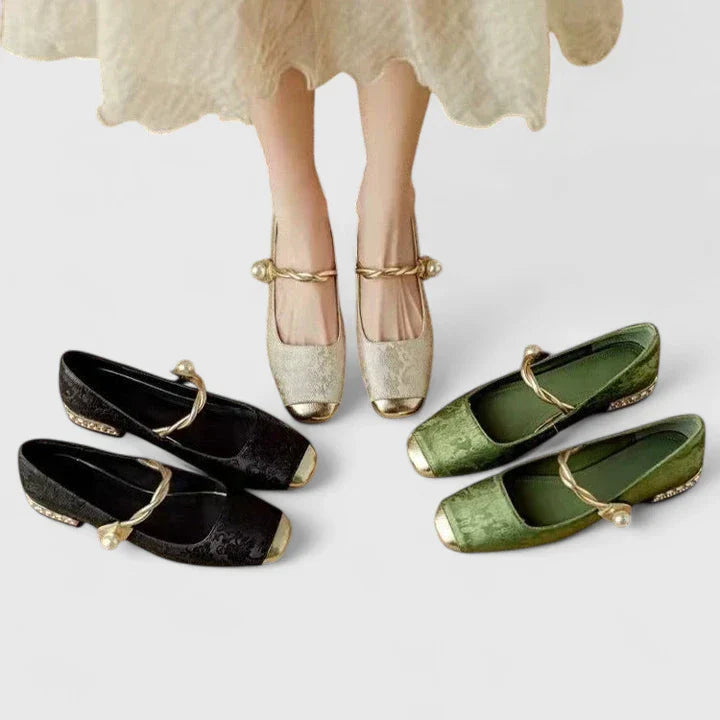Celeste | Jacquard Crystal Heel Cap Toe Mary Jane Flats