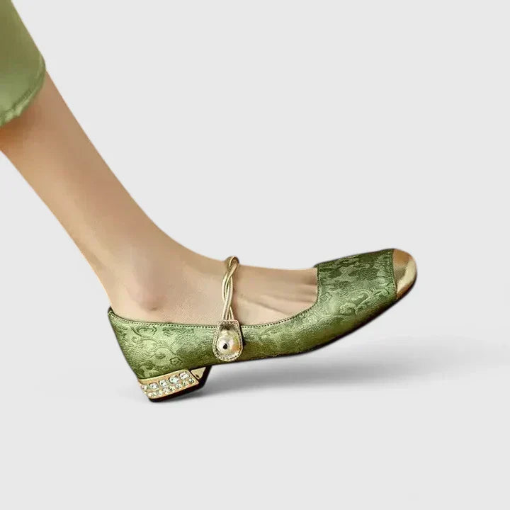 Celeste | Jacquard Crystal Heel Cap Toe Mary Jane Flats
