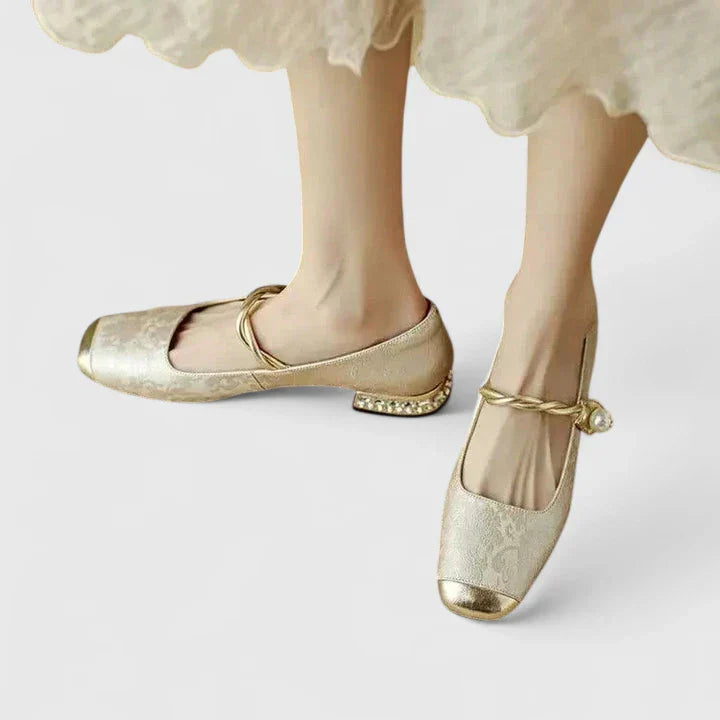 Celeste | Jacquard Crystal Heel Cap Toe Mary Jane Flats