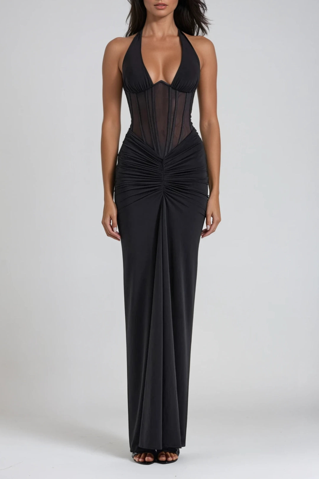 Elektra | Mesh Corset Ruched Halter Neck Maxi Dress