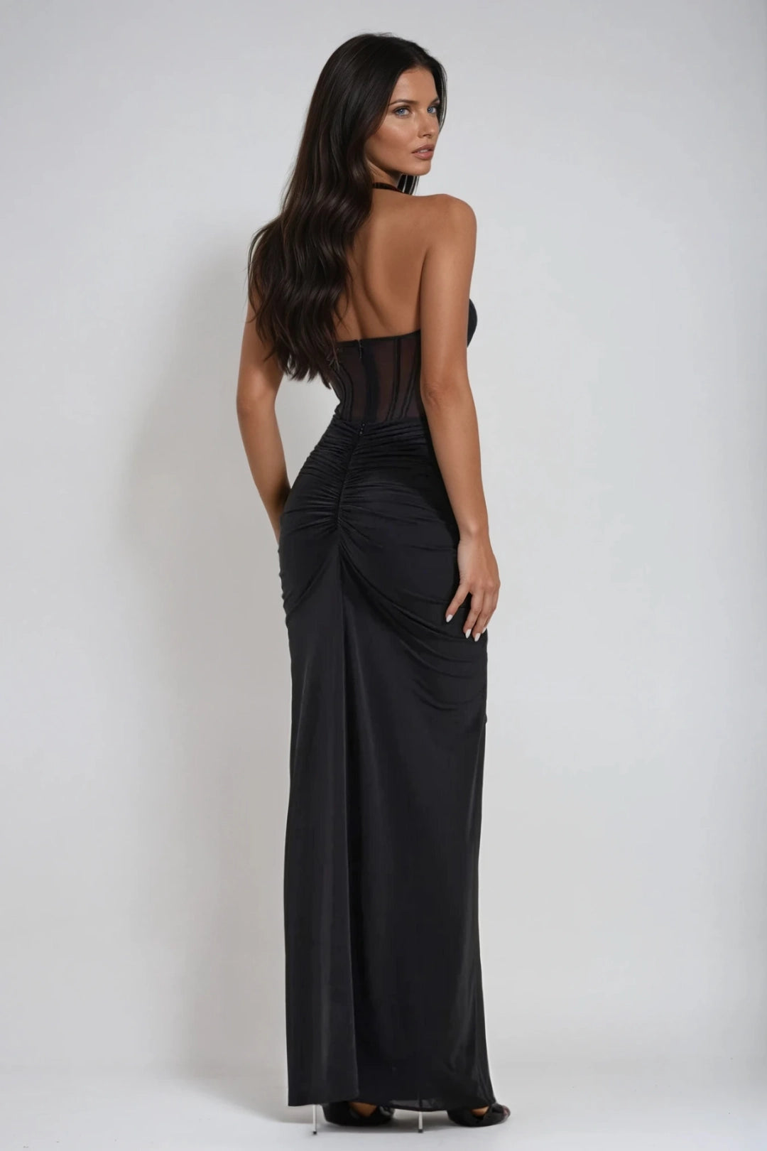 Elektra | Mesh Corset Ruched Halter Neck Maxi Dress