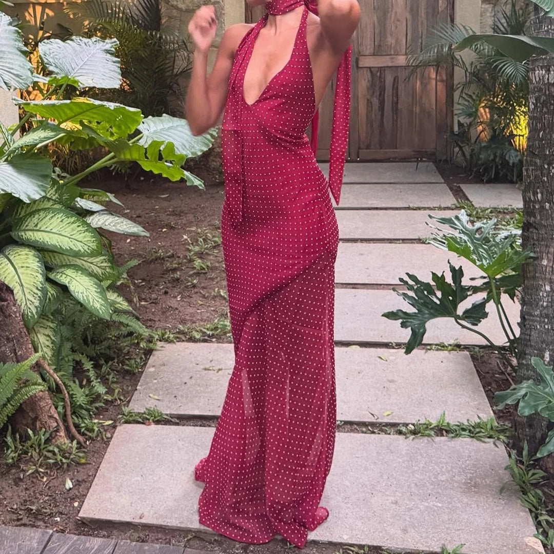 Catalina | Deep V Polka Dot Halter Neck Maxi Dress