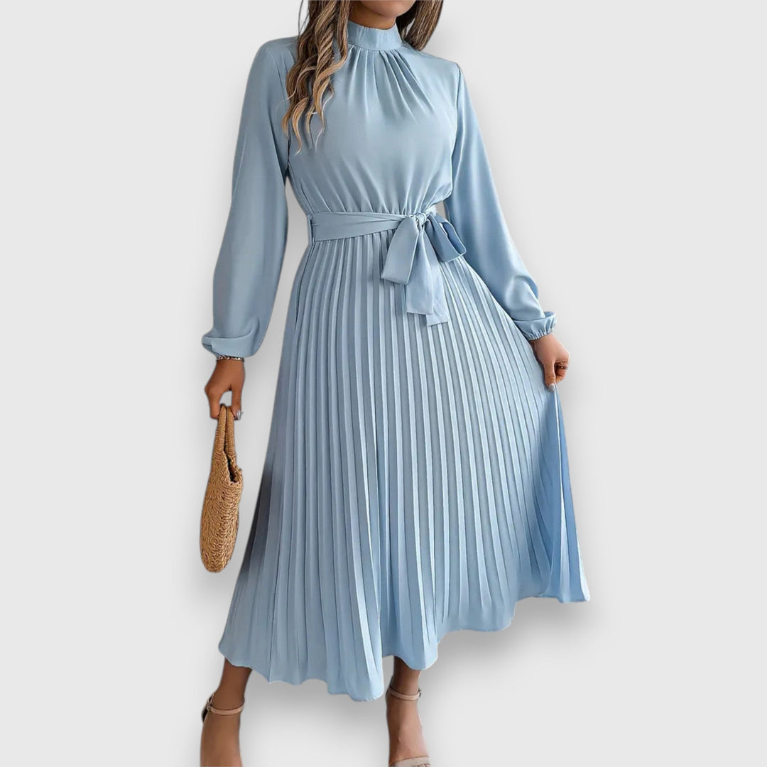 Grace | High Neck Bow Belt Pleated Long Sleeve Midi Dress