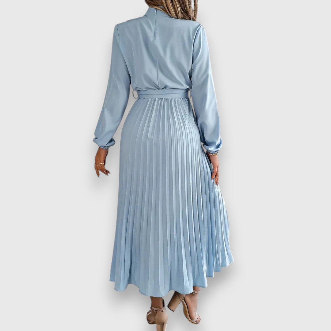 Grace | High Neck Bow Belt Pleated Long Sleeve Midi Dress