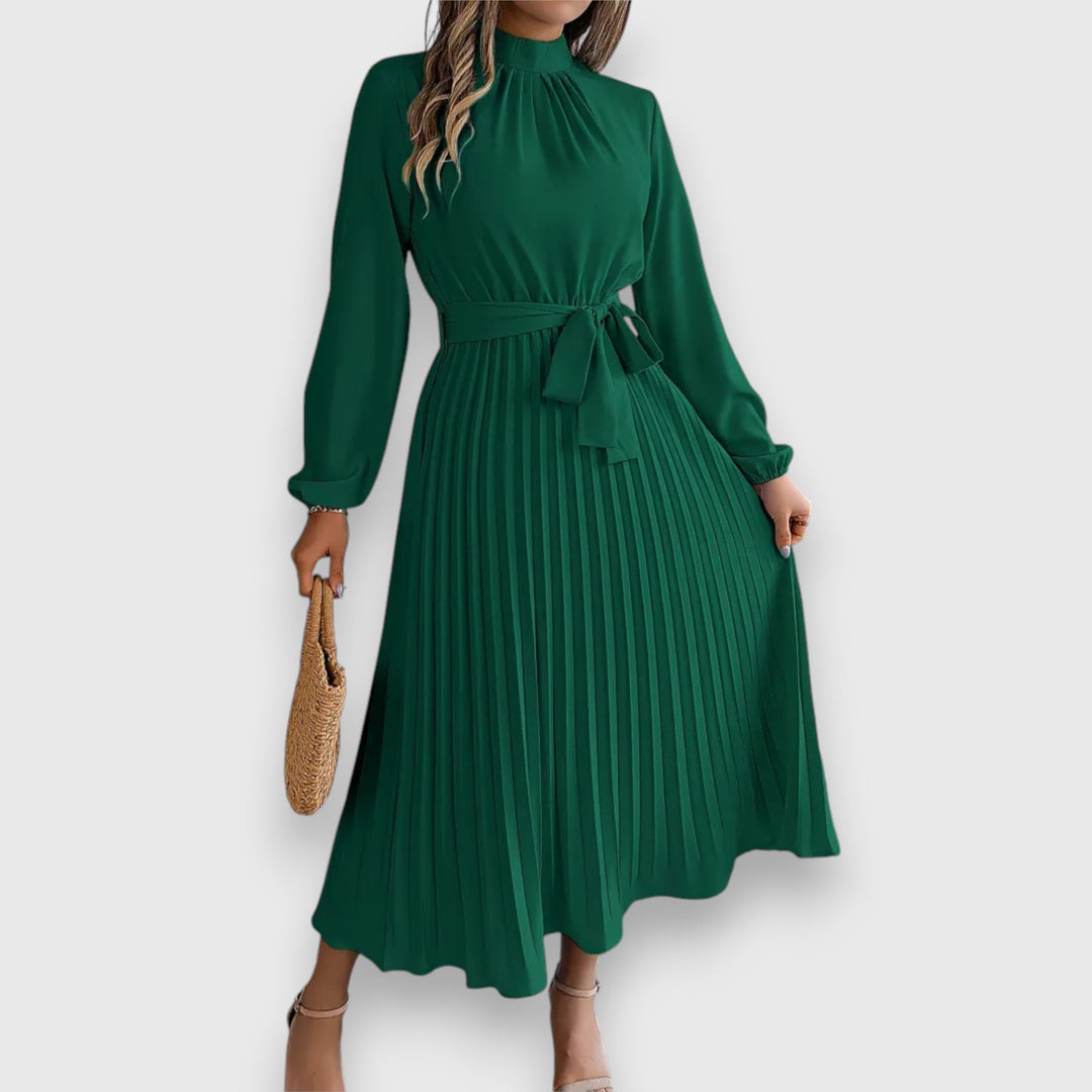 Grace | High Neck Bow Belt Pleated Long Sleeve Midi Dress