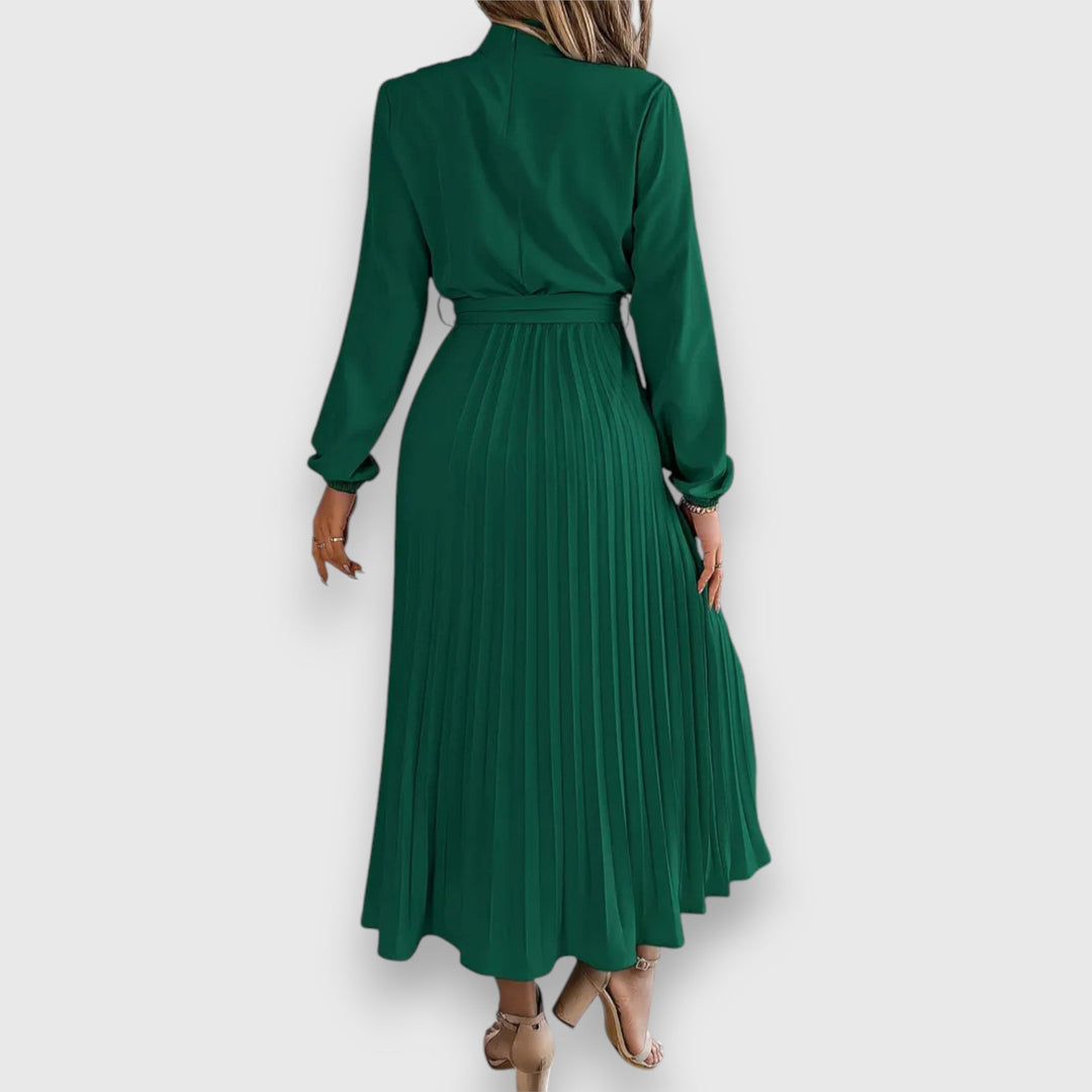 Grace | High Neck Bow Belt Pleated Long Sleeve Midi Dress
