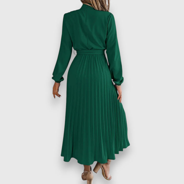 Grace | High Neck Bow Belt Pleated Long Sleeve Midi Dress
