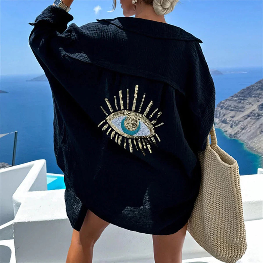 Nazar | Oversized Sequin Evil Eye Shirt – Boho Statement Shirt