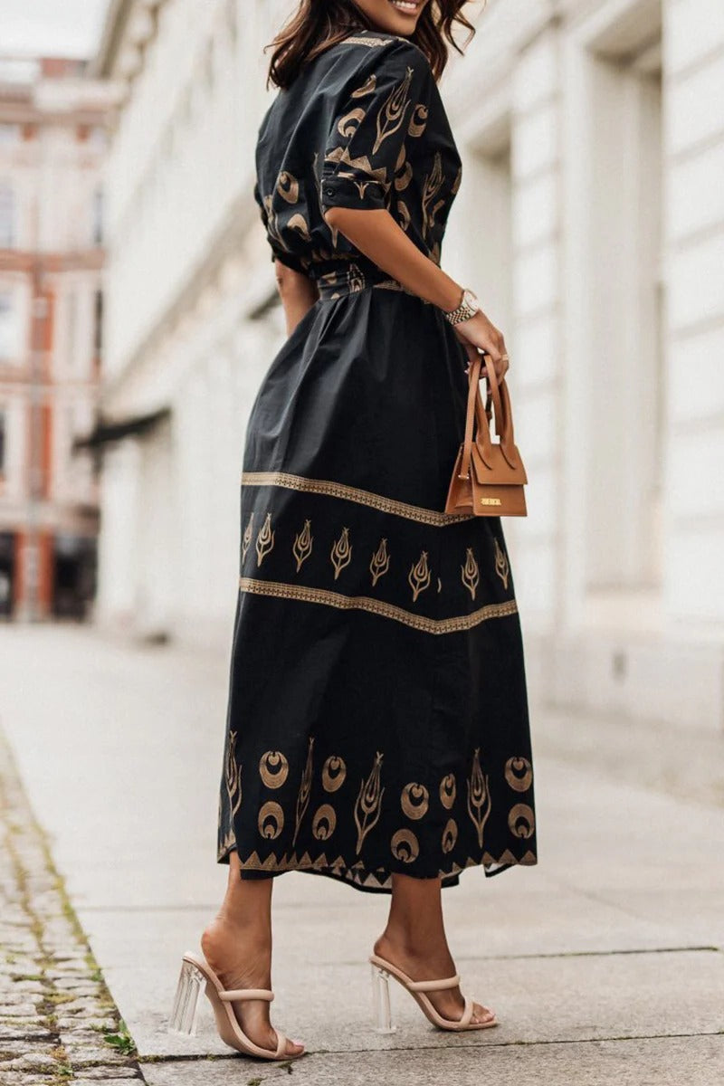 Celestia | Gold Celestial Print Belted Midi Boho Dress