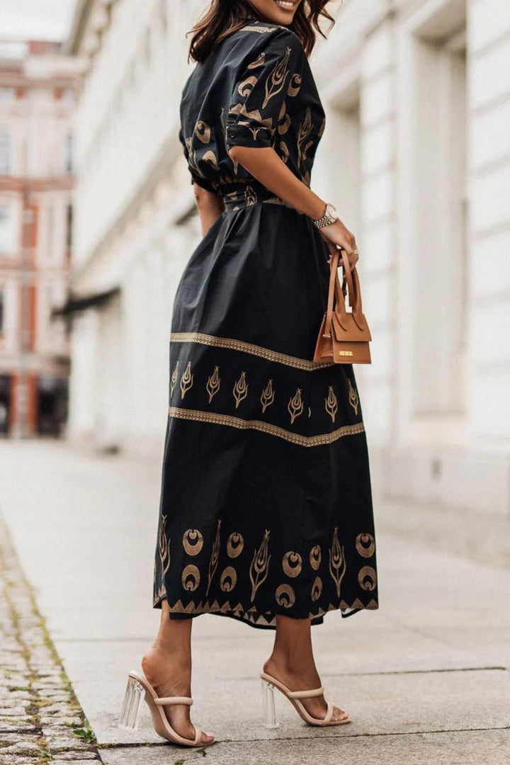 Celestia | Gold Celestial Print Belted Midi Boho Dress