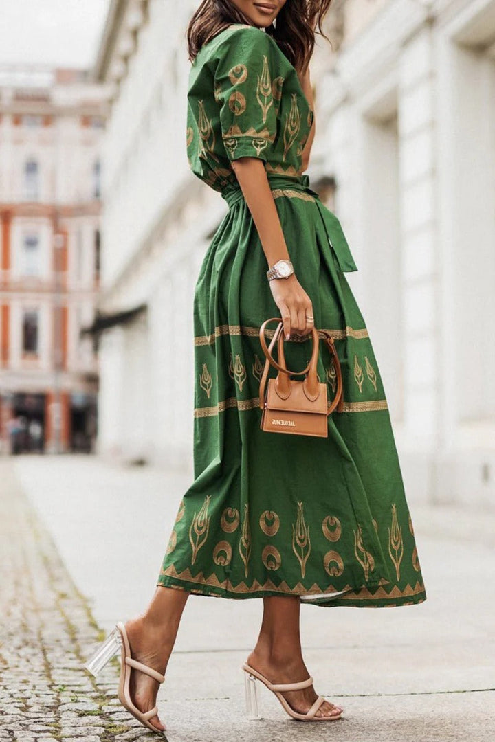 Celestia | Gold Celestial Print Belted Midi Boho Dress