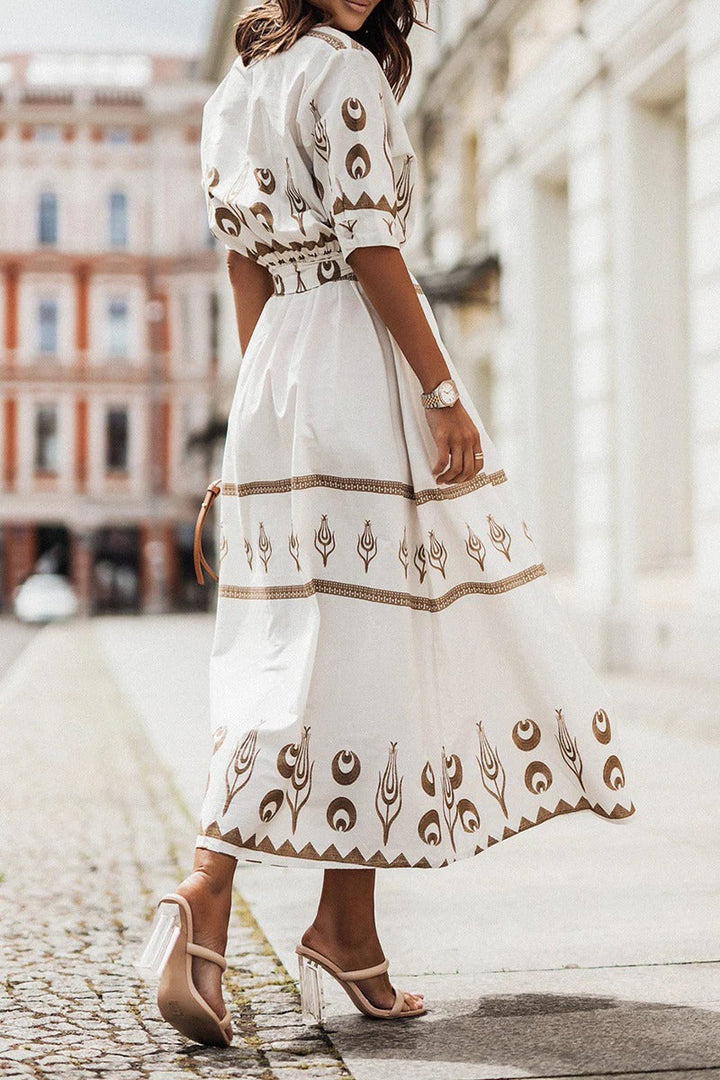 Celestia | Gold Celestial Print Belted Midi Boho Dress