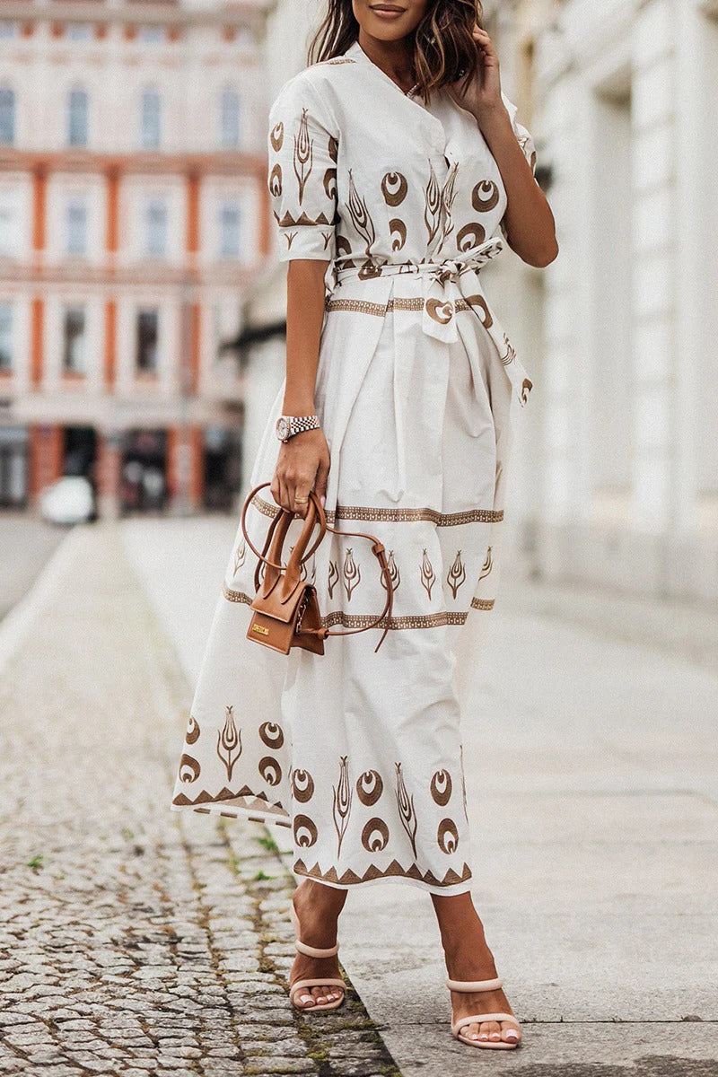 Celestia | Gold Celestial Print Belted Midi Boho Dress
