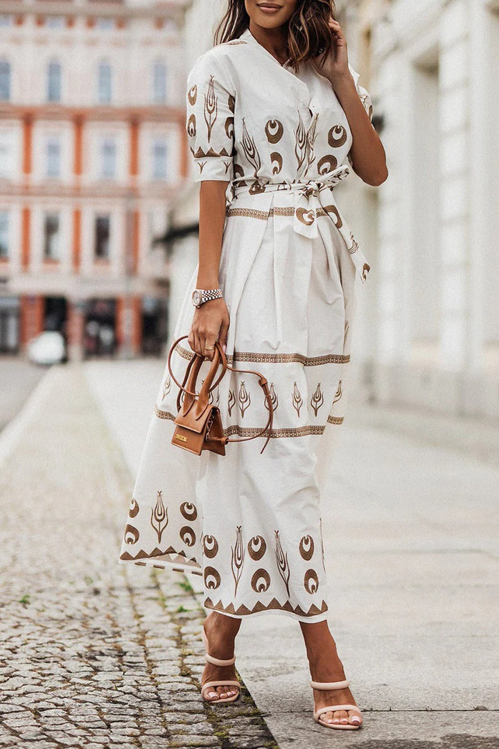 Celestia | Gold Celestial Print Belted Midi Boho Dress