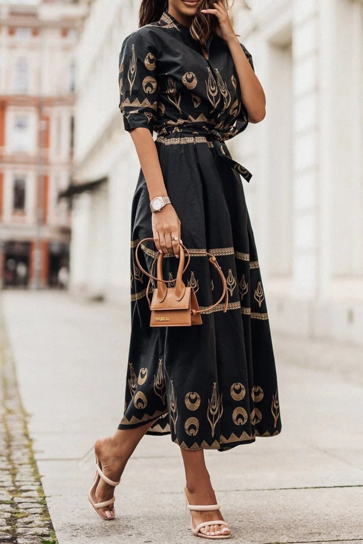 Celestia | Gold Celestial Print Belted Midi Boho Dress