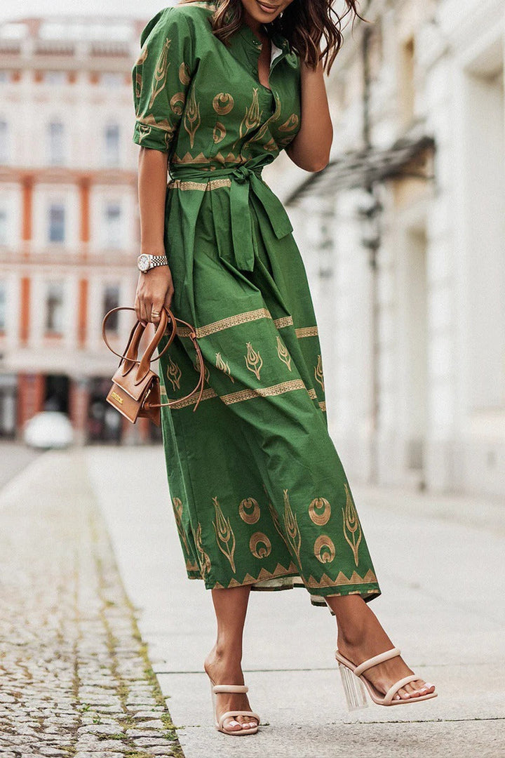Celestia | Gold Celestial Print Belted Midi Boho Dress