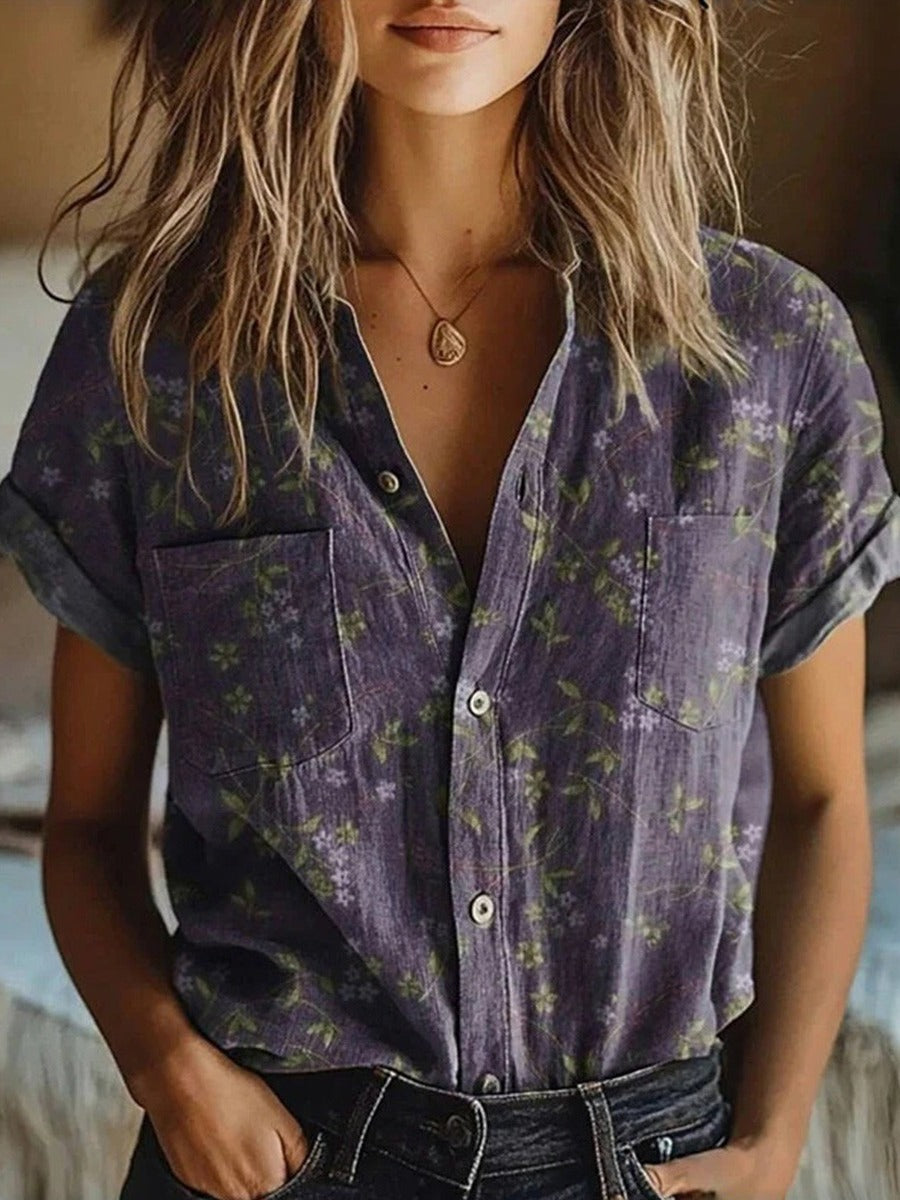 Meadow | Floral Print Short Sleeve Button Womens Blouse