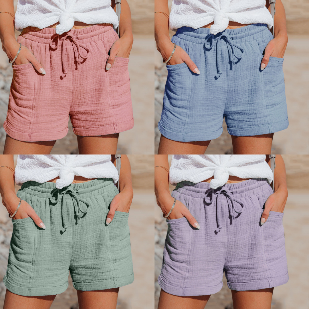 Brisa | Drawstring Cuffed Muslin Cotton High Waisted Womens Shorts