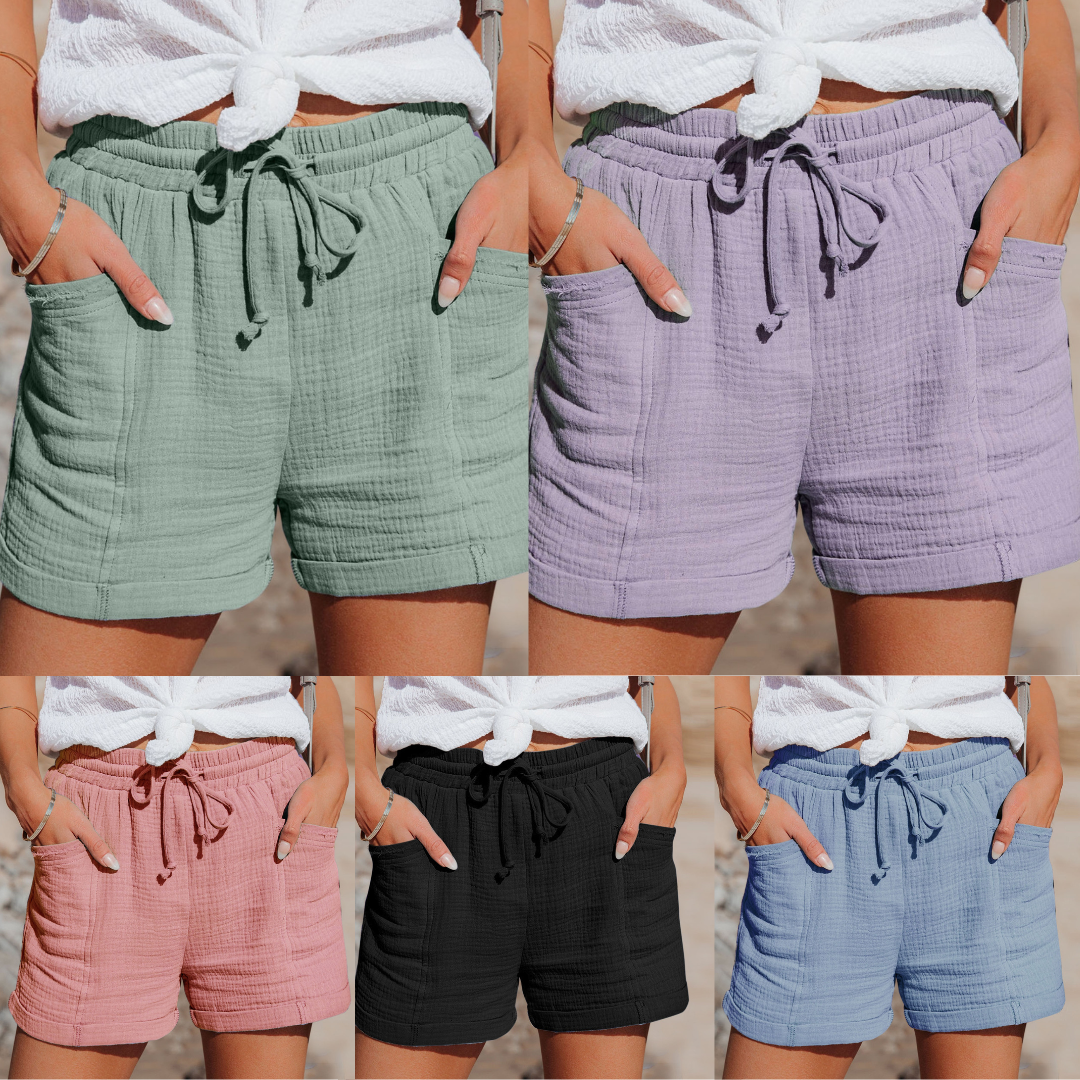 Brisa | Drawstring Cuffed Muslin Cotton High Waisted Womens Shorts