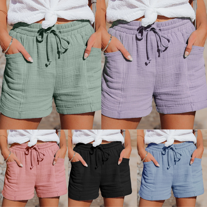 Brisa | Drawstring Cuffed Muslin Cotton High Waisted Womens Shorts