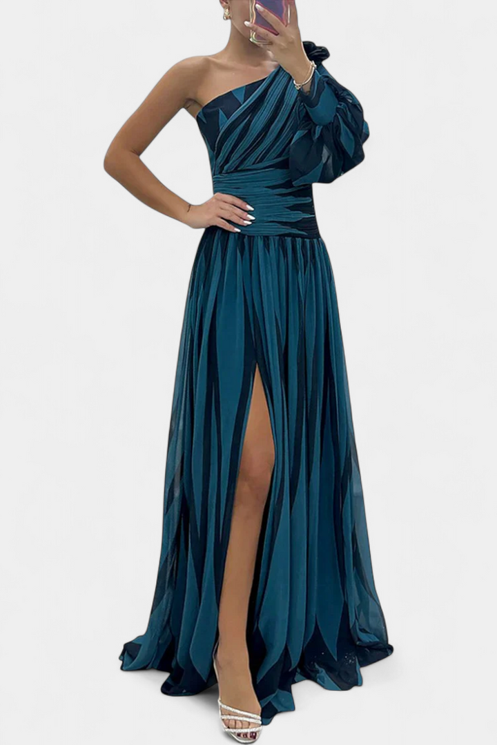 Zephyr | One Shoulder Striped Maxi Cocktail Dress