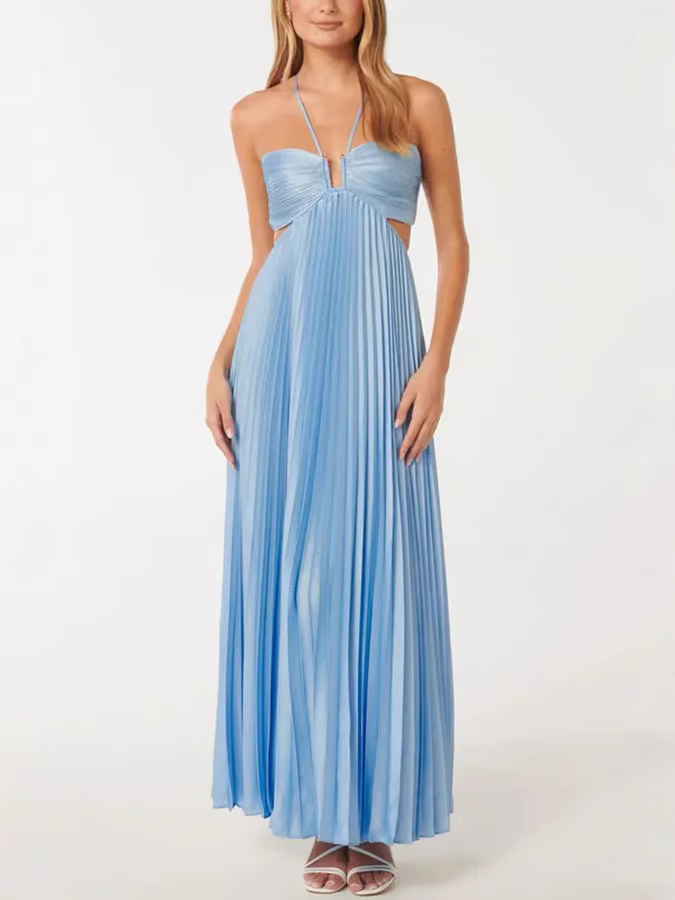 Capri | Pleated Cut-Out Halter Neck Wedding Guest Dress