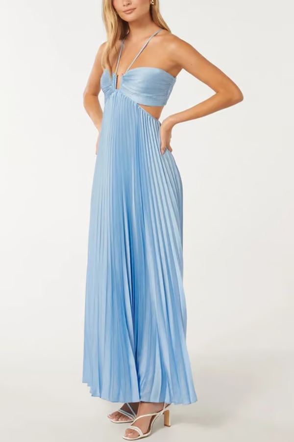 Capri | Pleated Cut-Out Halter Neck Wedding Guest Dress