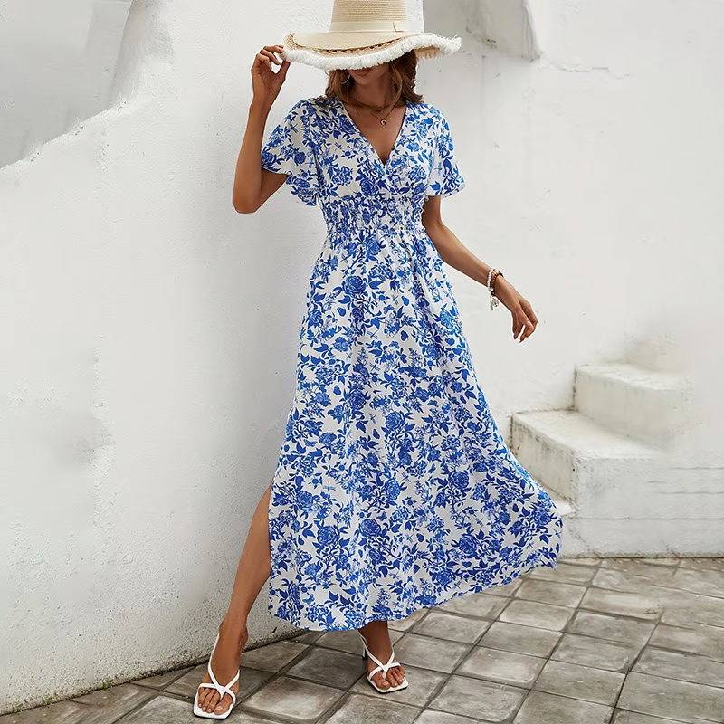 Delphine | Chinoiserie Floral Smocked Waist Split Boho Dress
