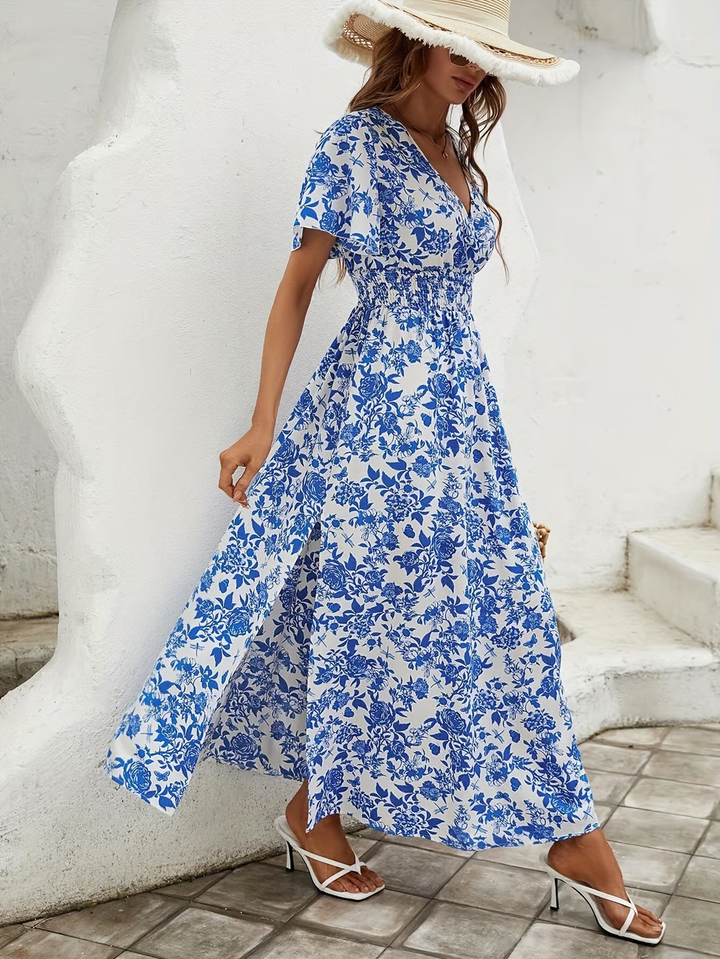 Delphine | Chinoiserie Floral Smocked Waist Split Boho Dress