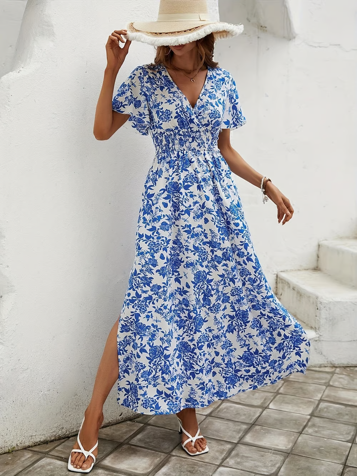 Delphine | Chinoiserie Floral Smocked Waist Split Boho Dress