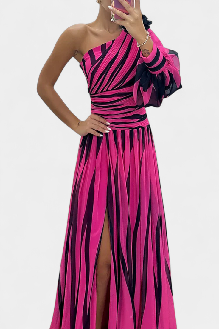 Zephyr | One Shoulder Striped Maxi Cocktail Dress
