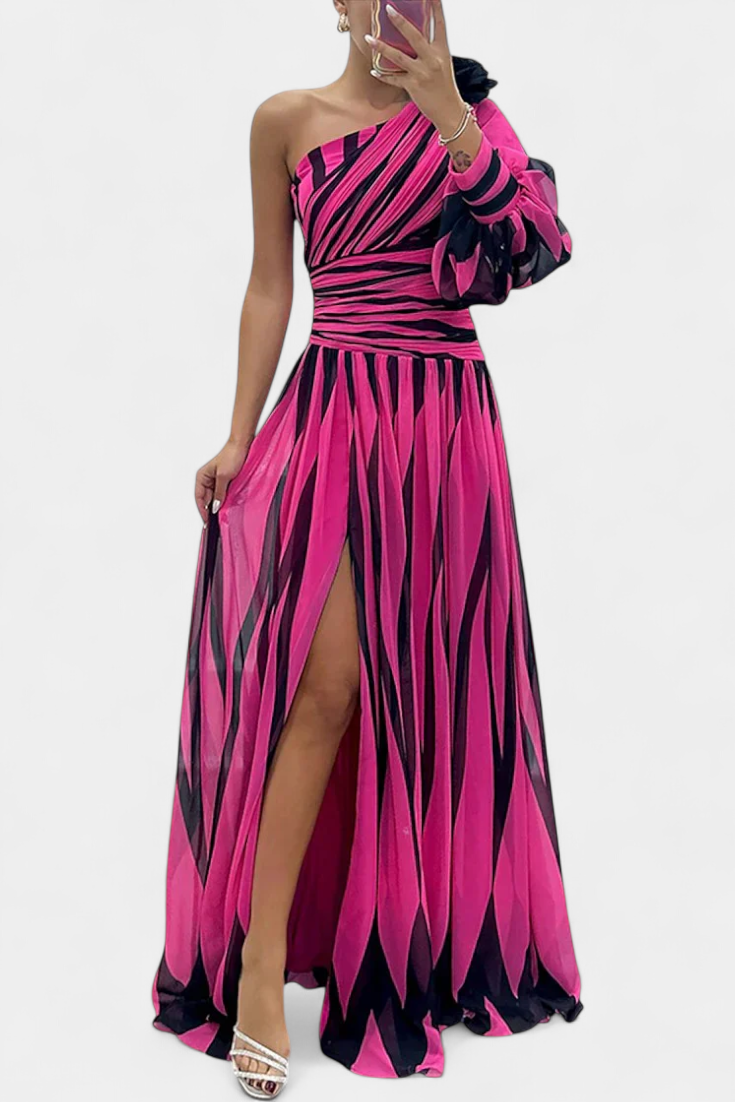 Zephyr | One Shoulder Striped Maxi Cocktail Dress