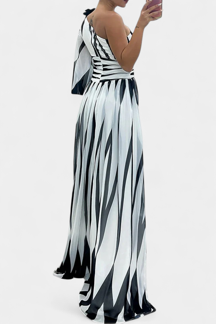 Zephyr | One Shoulder Striped Maxi Cocktail Dress