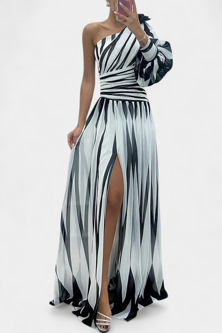Zephyr | One Shoulder Striped Maxi Cocktail Dress