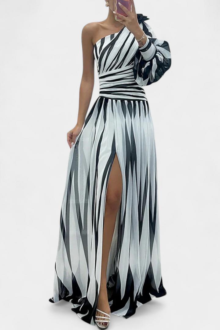 Zephyr | One Shoulder Striped Maxi Cocktail Dress