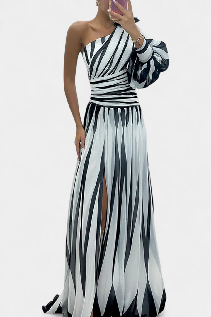 Zephyr | One Shoulder Striped Maxi Cocktail Dress